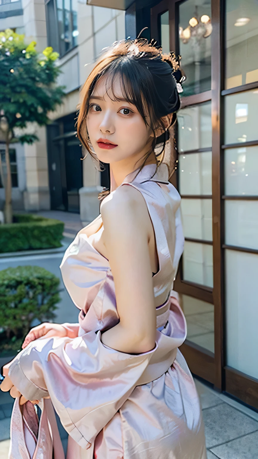 (8K、Raw photo、Highest quality、masterpiece:1.2)、(Realistic、Realistic:1.37)、Ultra-high resolution、One Girl、cute、alone, Browsing Caution,Highest quality,masterpiece,8K,Droopy eyes,Big Breasts,Beautiful breasts, Pink Yukata, hostel, Always detailed face, Highly detailed lips, double eyelid, Exquisite detail and subtle sparkle, Photograph her in poses that reflect both grace and confidence, Enhance visual effects with cinema lighting. Use modern 2D designs for your backgrounds, Create beautifully, Balanced composition. Enhance the scene with elements such as depth of field, bloom effect, And a touch of sparkle, Adds a dreamy texture to the entire image. Pay close attention to detail