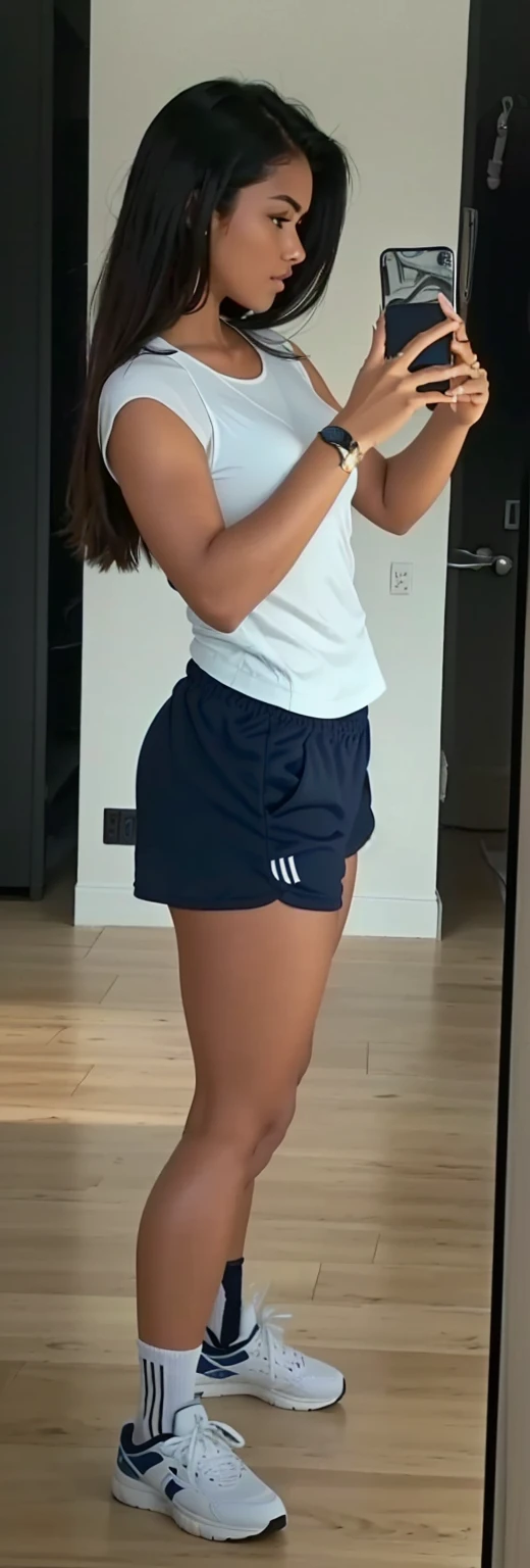 arafa woman taking a selfie in the mirror with her cell phone, In shorts, tennis wear, by Emma Andijewska, sports bra and dark blue shorts, sports shorts, suitable photo, shorts, thicc thighs, tamanho curto, thicc thighs close up, cute sportswear, visible legs, inspired by Ion Andreescu, with two front pockets, navy blue shorts