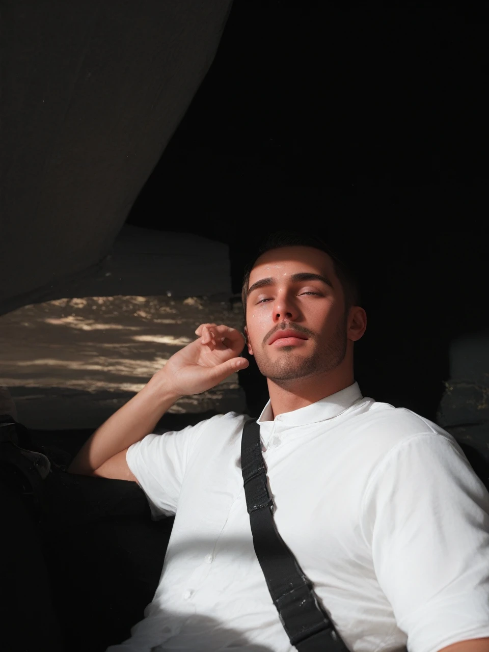 8k, handsome face, realistic, (natural lighting:studio lighting:0.5), sophisticated elegant mood, smudged, highly detailed, found footage, broad male shoulders, facial hair, cold, feel good, (best quality:1.5), portrait, wear white blouse, facial focus, Mischa_Janice, outdoors, blue sky, coconut,, (Artwork,best quality:1.5), zPDXL2
