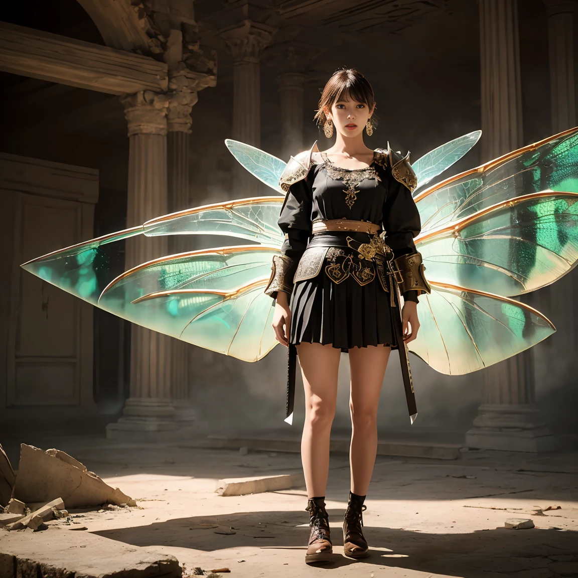 (Numerous award-winning masterpiece, with incredible detail, textures and maximum detail), (full-body standing image:1.8), (hyper realistic:1.4), best quality real texture skin, (Beautiful Fairy Veteran Warrior:1.7), (Holds a straight sword hilt with elaborate decoration that gives off a mysterious glow:1.9), (Detailed, beautifully clear, perfectly circular symmetrical eyes), (finely drawn beautiful face), ((medieval world)), (Full body armor with delicate decorations that are damaged in places:1.9), (full-body standing image:1.8), (Mysterious and clear beautiful colored eyes full of joy:1.2), (faint smile appears on the corner of the mouth:1.1), (Shining majestic cloud masses and sky:1.4), Dramatic Light, majestic sight, (insect wings and wings are translucent:1.8), (four pieces transparent wings with insect wings veins similar to dragonfly wings behind the shoulders:1.9), Ancient intricately crafted earrings on the ears, (full-body standing image:1.8), (dramatic photo), (golden hair, silver hair, chestnut hair, white hair), Short cut hair, ((looks up)), ((looking down)), (Around her neck is a simple Ancient necklace of exquisite workmanship), Old ruins infested with plants, great temple, great cathedral, temple ruins, detached temple, (Luminous magic circle), Ruins of an ancient castle, Deserted ruins, crumbling ruins, Ancient ruins with clear water, highly detailed, ultra-realistic, intricate details, painting (artwork), (masterpiece, best quality), (cinematic light), hyper realistic, dark fantasy, Sacred Light, epic realistic, faded, ((neutral colors)), art, (hdr:1.5), (muted colors:1.2), hyper detailed, (art station:1.5), cinematic, warm lights, light effect, dramatic light, (intricate details:1.1), complex background, (Greg Rutkowski:0.8), (teal and orange:0.4),