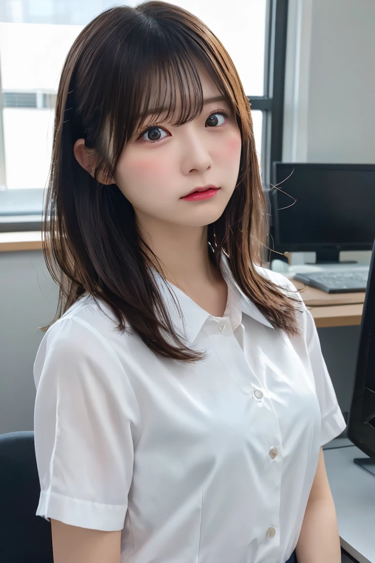 （Ultra-detailed、8K、RAW Photos）、alone、（A woman in her 30s wearing a Japanese company uniform）、office、Angry angry facial expression,、Realistic Skin
