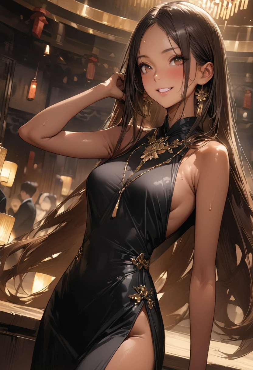 ((masterpiece,Highest quality:1.3,best quality illustration,realistic:1.3)),cowboy shot,独奏,1woman,(20-year-old、Japanese Beauty)、brown hair,long hair,center parted bangs,brown eyes,gorgeous eyes,((very small head:1.3)),smile,((very long body:1.2,skinny)),medium breasts,(tan skin:1.5), (gleaming skin,toned body,slender body),sweat,(Black sleeveless dress、Black pleated mini skirt)、Luxurious party venue、