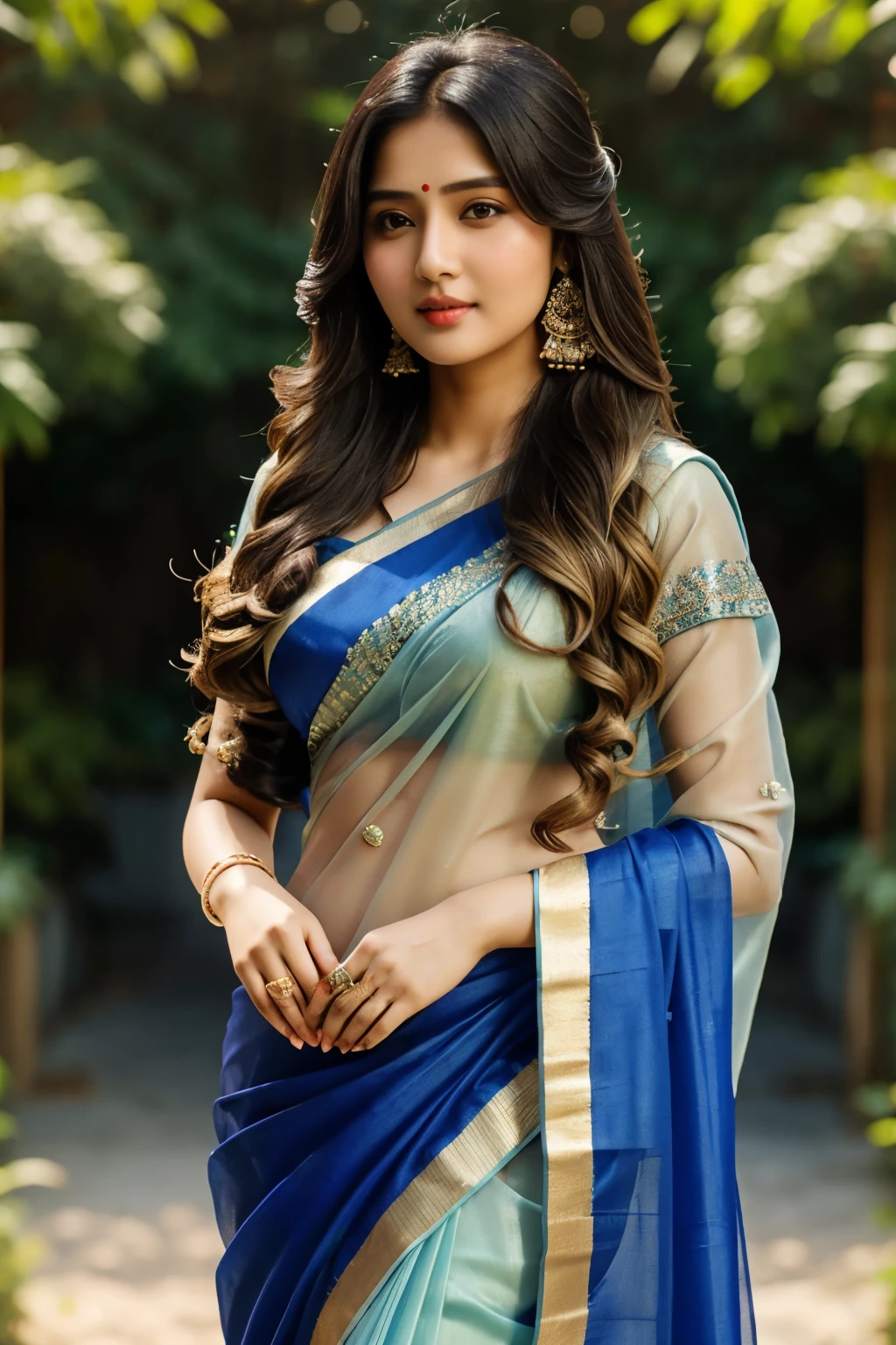 (((desi girl))), chubby face, ((korean face)), natural skin, wearing blue bridal saree, ((show the hip)), charming black hair, ((long hair ends are blonde)), greenery village background, bokeh