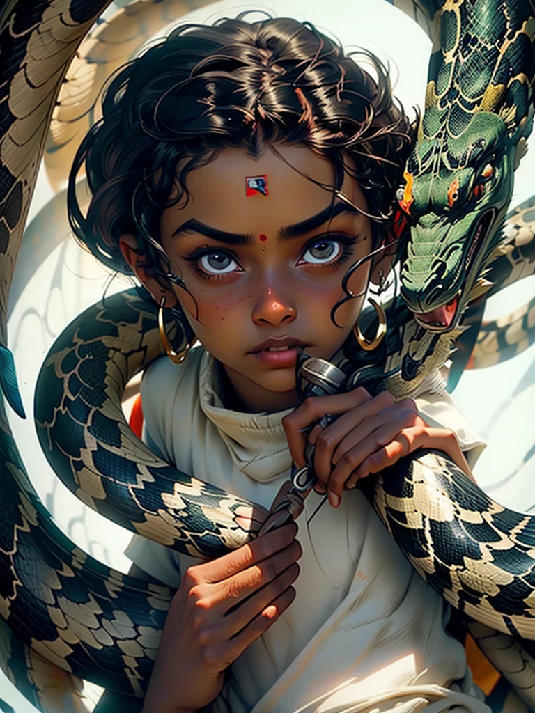Dark skinned Indian girl , blind folded, snake background