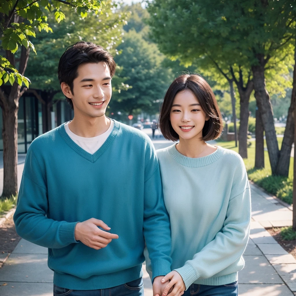 A caring and affectionate man, dressed in blue clothing, representing the ESFJ (Consul) MBTI personality type. He is depicted with a warm smile, holding his girlfriend's hand tenderly. They are in a cozy, romantic setting, perhaps a beautiful park or a serene home environment, to emphasize his deep commitment and one-track devotion to her. The colors should be vibrant, with a focus on the blue of his attire to highlight his personality type.