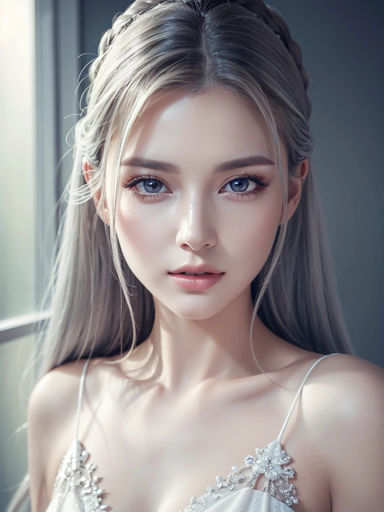 a woman with beautiful features, long grey hair, wearing a pure white dress, high quality, photorealistic, detailed portrait, extremely detailed face, beautiful eyes and lips, long eyelashes, well-proportioned body, crystal glass-like image, perfect perspective, masterpiece, 8k, photo-realistic