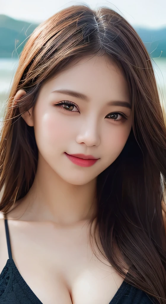 8K,Pieces fly, Highest quality, figure, Very detailed, finely, High resolution, 8k wallpaper, Perfect dynamic composition, Dark and beautiful eyes, Natural color lip,Beach, Random cute poses,smile,Cleavage,Detailed eyes,Portrait
