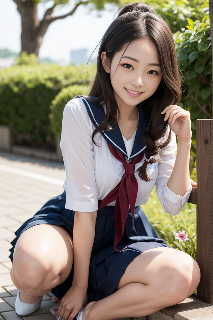 Pure Japanese school girl, outstanding body, beautiful legs, wearing uniform, natural hairstyles, sweet smile, sexual attractive, sitting, refreshing in early summer, 