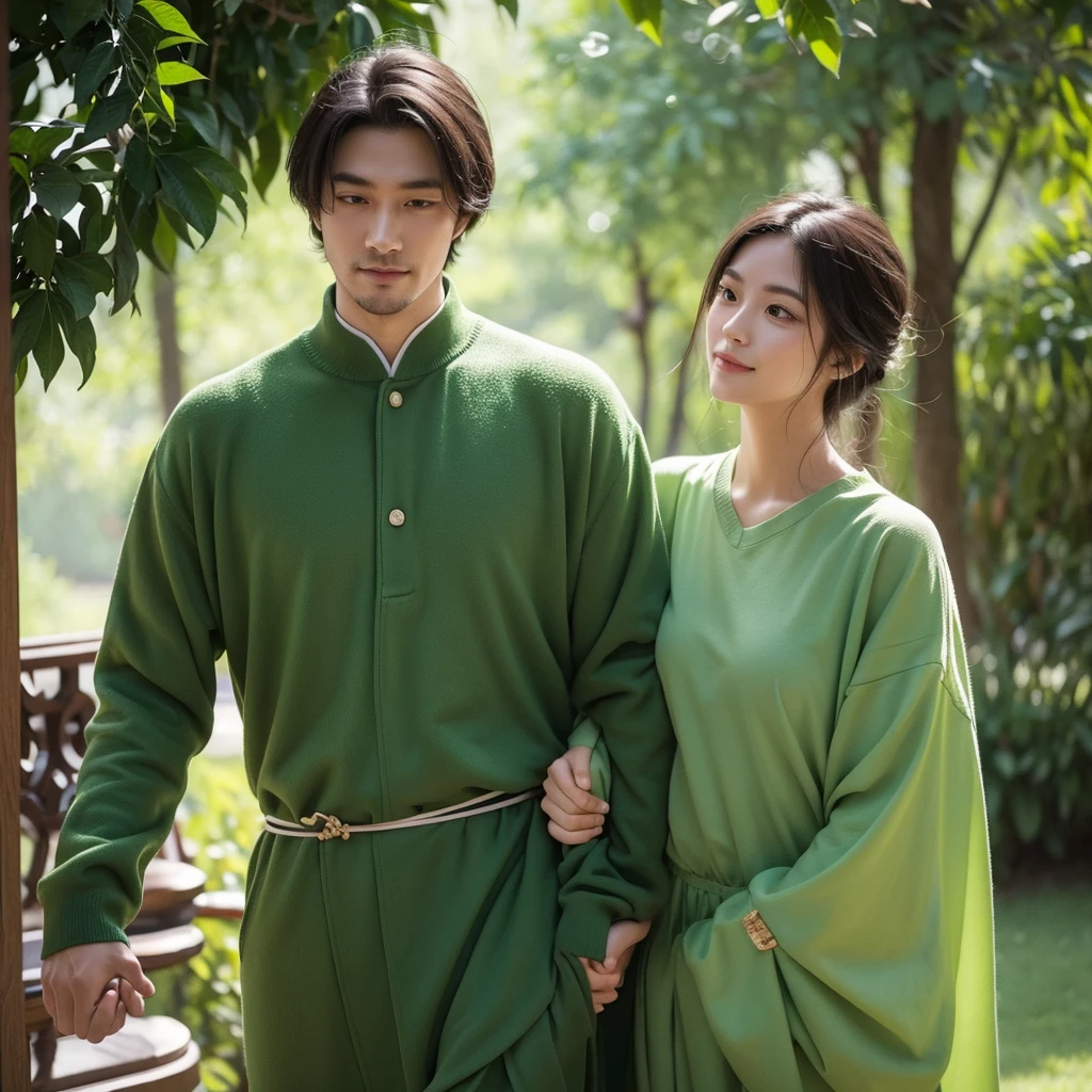 A passionate and idealistic man, dressed in green clothing, representing the INFJ (Advocate) MBTI personality type. He is depicted with a sincere and caring expression, holding his girlfriend's hand with a deep sense of commitment. They are in an inspiring and serene environment, such as a tranquil park or a cozy, thoughtfully decorated room, highlighting his idealism and loyalty. The colors should be vibrant, with the green of his attire emphasizing his personality type.