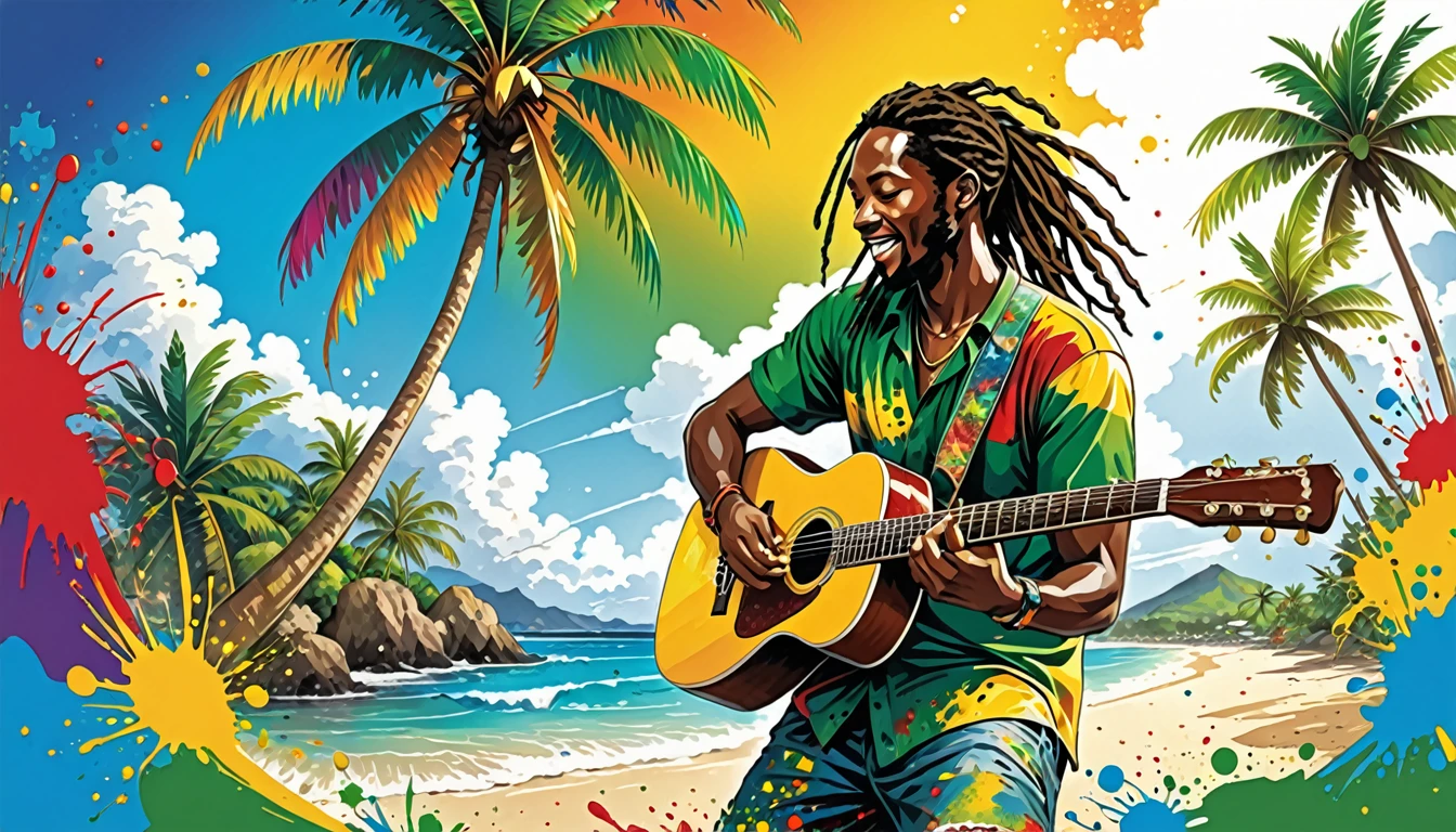 Vector art, Lots of Jamaican Reggae, Authentic Jamaican reggae music atmosphere，Color illustrations, in the center, Vibrant colors, Paint splatters and stains, High detail, 
Palm tree,A man is playing the guitar,Beach,On a flat painting