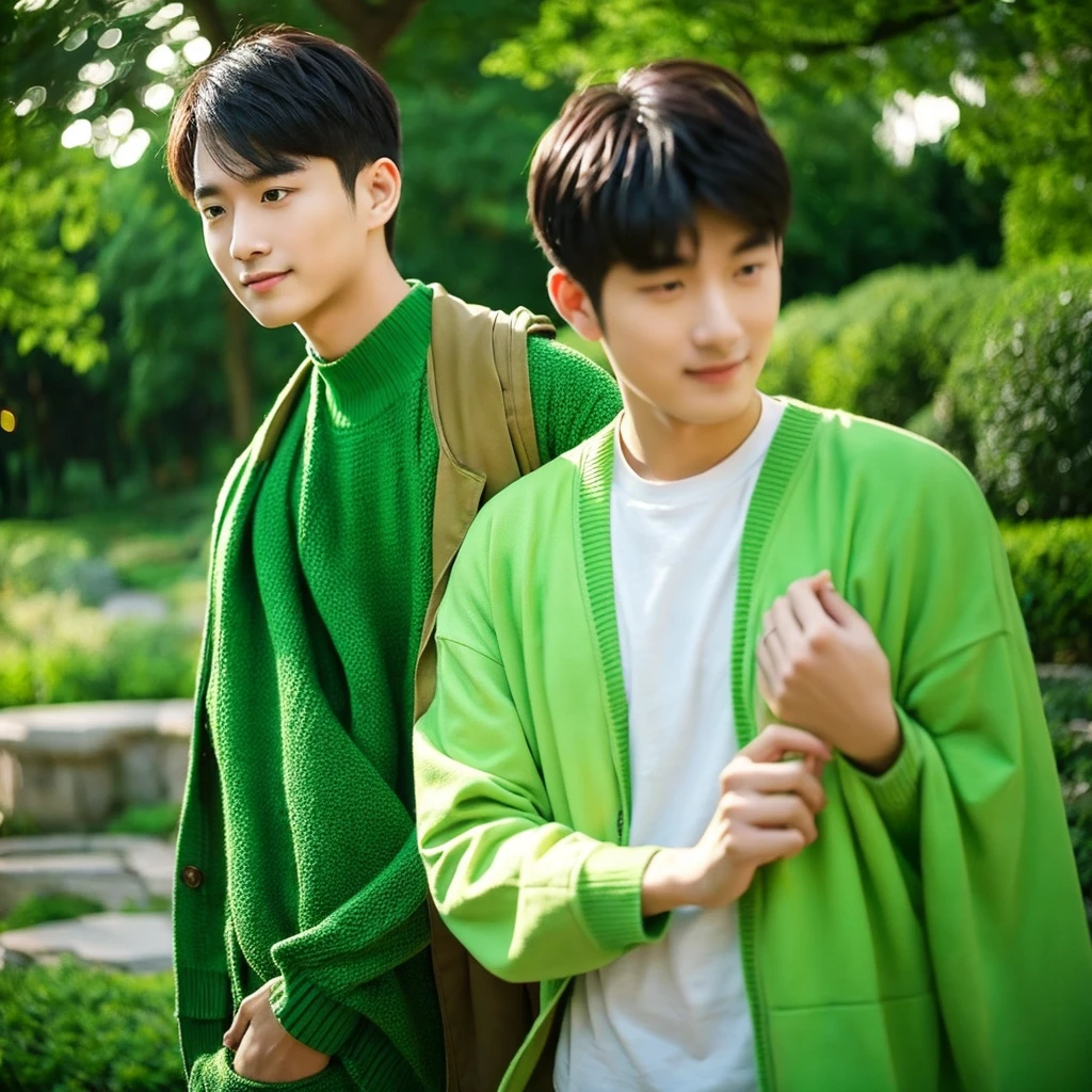 A passionate and idealistic man, dressed in green clothing, representing the INFJ (Advocate) MBTI personality type. He is depicted with a sincere and caring expression, holding his girlfriend's hand with a deep sense of commitment. They are in an inspiring and serene environment, such as a tranquil park or a cozy, thoughtfully decorated room, highlighting his idealism and loyalty. The colors should be vibrant, with the green of his attire emphasizing his personality type.