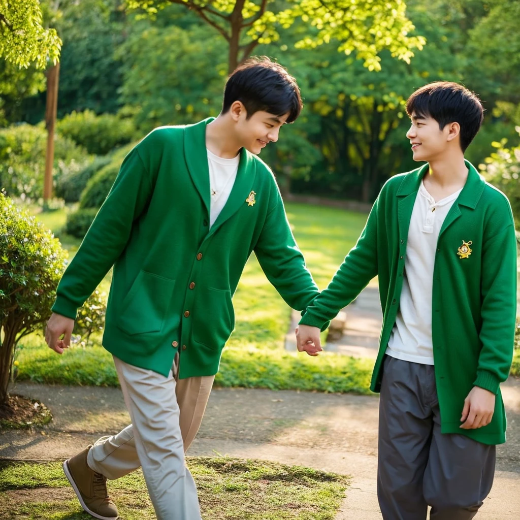 A passionate and idealistic man, dressed in green clothing, representing the INFJ (Advocate) MBTI personality type. He is depicted with a sincere and caring expression, holding his girlfriend's hand with a deep sense of commitment. They are in an inspiring and serene environment, such as a tranquil park or a cozy, thoughtfully decorated room, highlighting his idealism and loyalty. The colors should be vibrant, with the green of his attire emphasizing his personality type.
