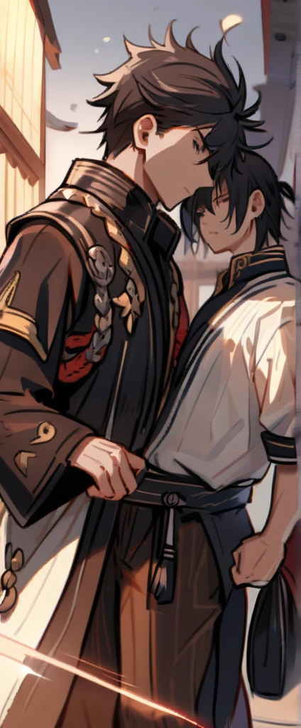 A portrait of Kaito Yamada, a 27-year-old martial arts master with a commanding presence, athletic physique, serious and introspective gaze, standing tall at 1.85m, contrasting skin tone, messy black hair falling over his eyes, wearing a traditional white tunic, functional and simple, tied with a black belt, carrying a small essential bag, sturdy brown pants and worn-out brown boots, disciplined and determined, offering his services as a bodyguard and trainer, seeking justice and purpose in a dangerous world, loyal, compassionate, and protective, master of martial arts, exceptional hand-to-hand combat skills, natural strategist, excellent tracker, survival skills in adverse conditions:: --ar 3:4