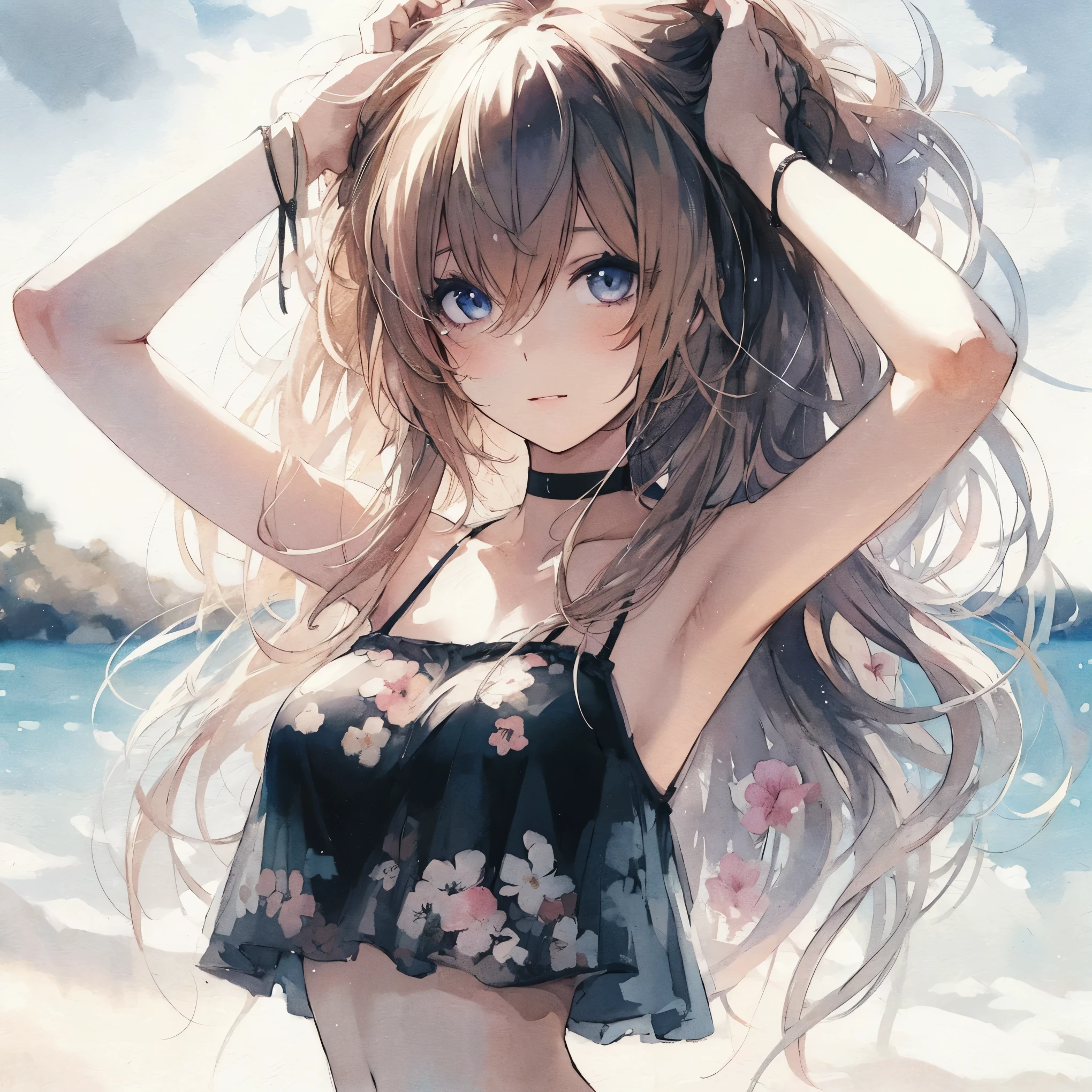 Official art using high-quality hand-drawn watercolor sketch techniques. (best quality,4k,8k,highres,masterpiece:1.2),ultra-detailed,beautiful detailed eyes,A girl with beautiful eyes, everyone, beautiful anime girl, cute anime girl, smooth anime art, anime style, elegant colors, soft lighting, delicate beautiful eyes, very coquettish, (beautiful large breast:1.2), (correct hands:1.2),