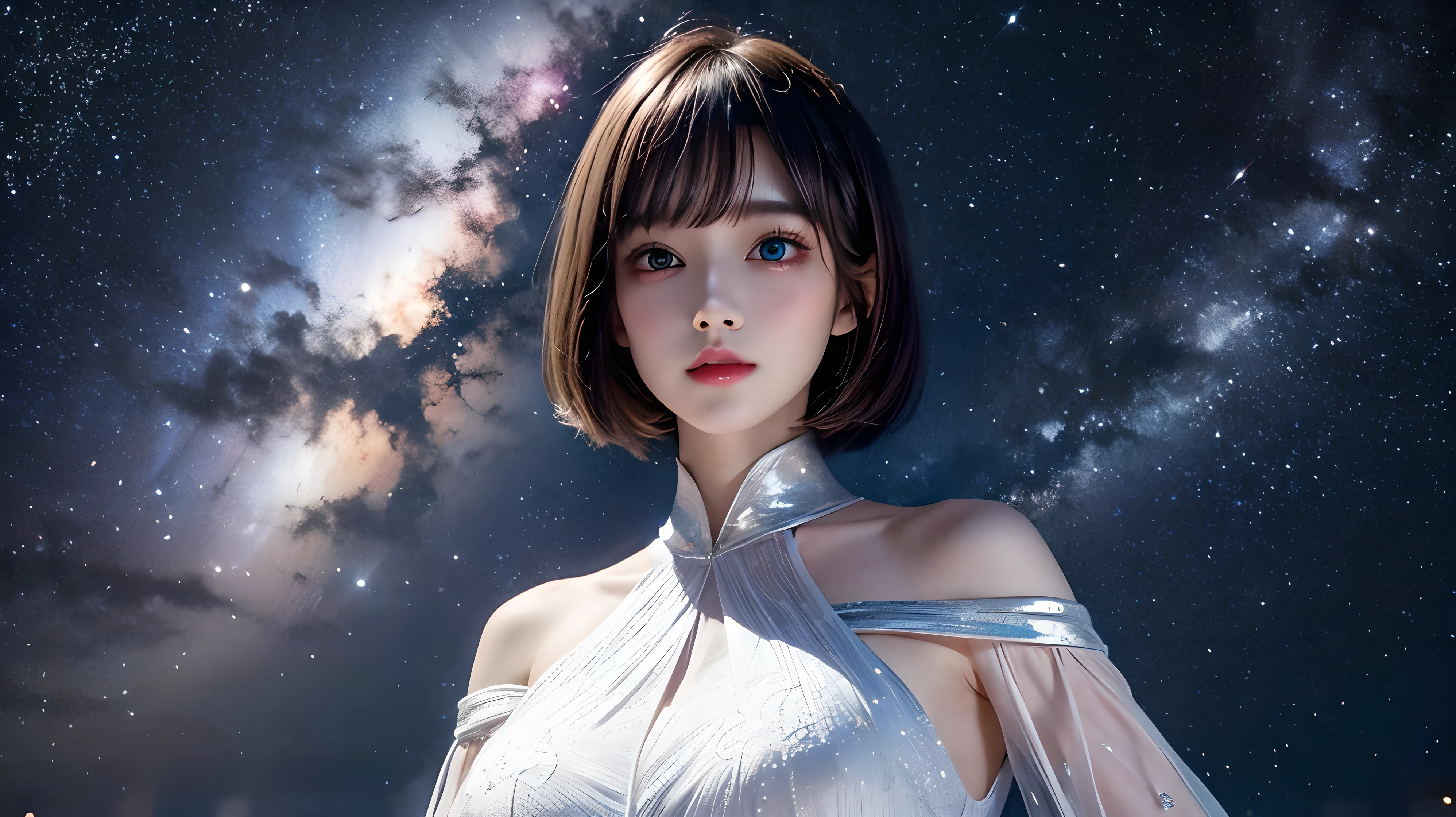 add_detail:1, starlight, stars, holding stars, glowing, space, 🌌, 1girl, young girl, curious expression, short hair, flowing hair, bangs, colorful detailed eyes, huge breasts, slim waist, upper body, from below:1.4