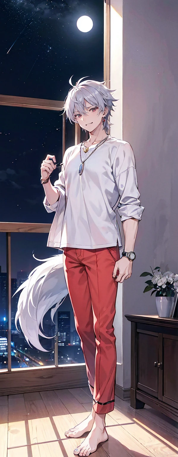 High resolution, High resolution,2D Anime Style,,Cool guy,Mature,,20th generation,Wolf Hair,Silver Hair,Red eyes,Beautiful Watches,Beautiful earrings,Beautiful Necklace,pajamas,He is laughing a little,night,Standing with your legs apart,nightの寝室