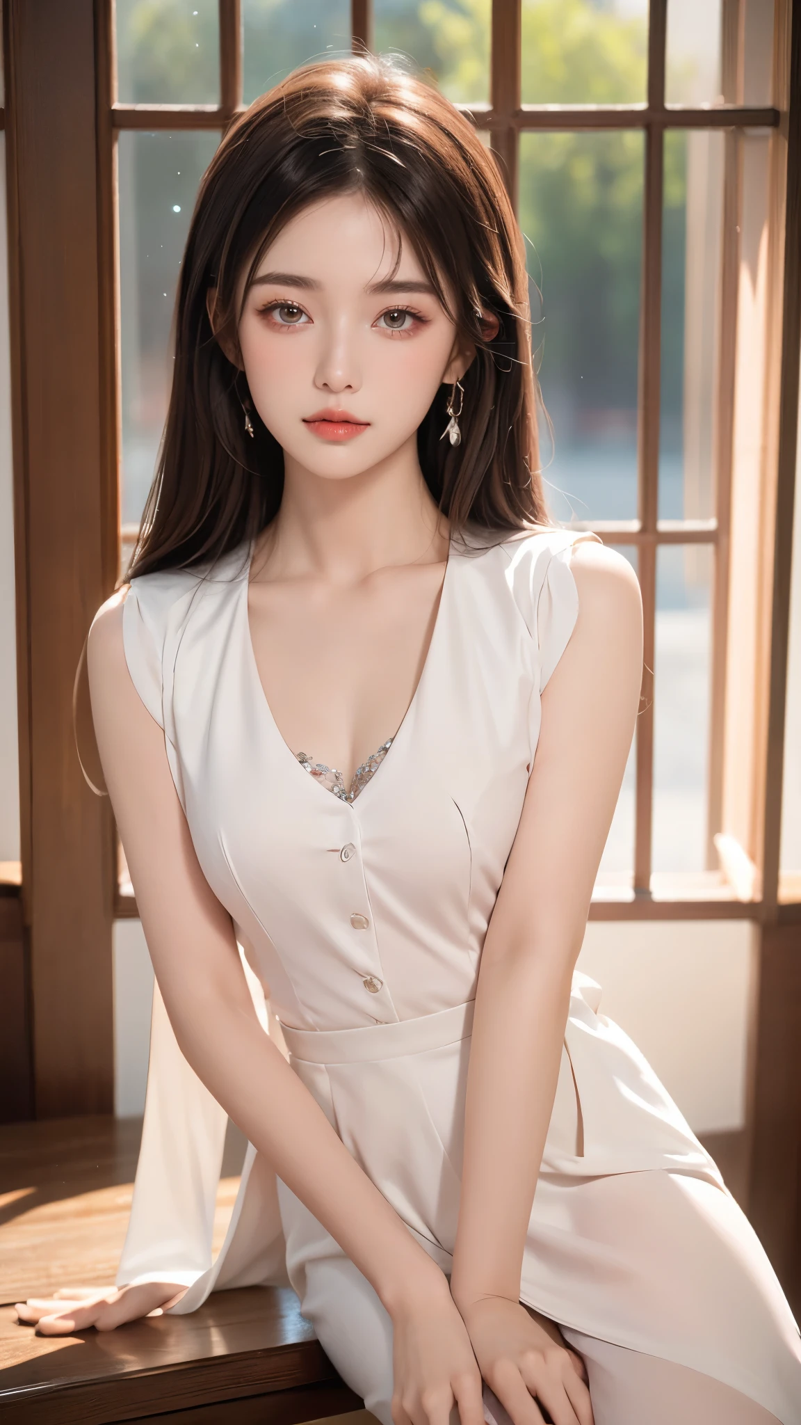 Ultra HD，8K, nvshen, masterpiece，Top image quality，A beautiful girl，((I-type Valley)), ((Chest Window)), Flowing long hair，Stunning Hairstyle，Crystal texture，sparkling，Skin like jade，Pink dream lights，Vast space background，Sit upright，Full body display，A familiar background。