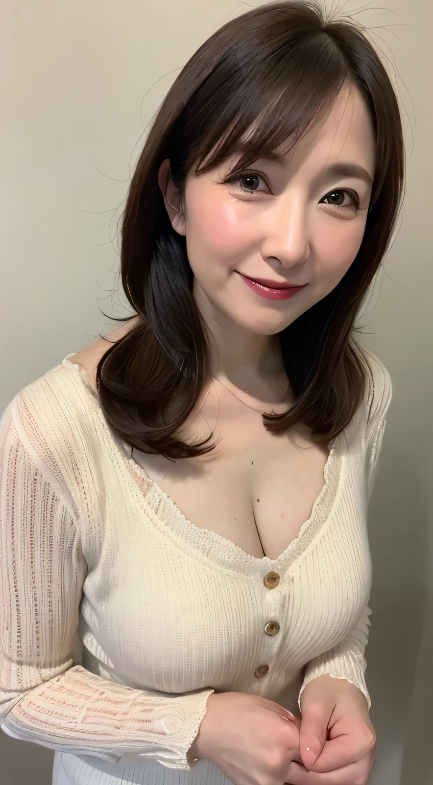((Highest quality, 8K, Tabletop:1.3))、Beautiful mature woman、40 years old、Mature Woman((lingerie))、sexy knit dress(Leaning forward)).(Huge breasts).(smile:1.15)、Highly detailed face and skin texture、White groundless background, Random sexy poses