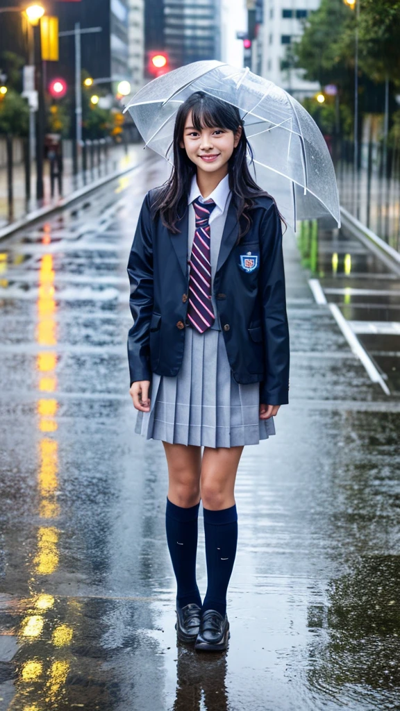 One girl, rain-wet hair, rain-wet clothes, rain-wet legs, rain-wet face, messy hair, whole body wet with rain, (((school uniform))), 20 years old, beautiful woman, pretty face, cute face, rainy cityscape