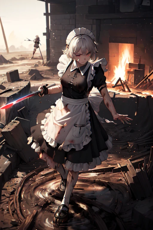 ((Highest quality:1.6)), ((Ultra-high resolution:1.6)), ((masterpiece)), (detailed:1.4), (detailedな顔), girl, cute, strong, Serious, Small breasts, Silver Hair, Fighting with a large sword, (black and white maid outfit, Black Dress, Headband, Long, Classic, Short sleeve), scratch, Blood, ((Apron is torn:1.4)), ((衣服に剣で斬れたscratch:1.6)), Fighting with a giant sword, (剣の斬撃によるscratch:1.6, Hit:1.6), Combat Ready, (Damage to waist apron:1.6), Big crisis, being cornered, 燃えているbattlefield, battlefield, explosion, Flaming, war, (Severe dirt all over the body, Covered in mud, Covered in charcoal:1.6), (Shabby maid:1.6), The arrow is stuck, Holding a two-handed sword, Pointing the blade at the enemy, Tsuba competition, Suppress the enemy, Swinging a sword with both hands, Shootout, I continue to protect it alone,