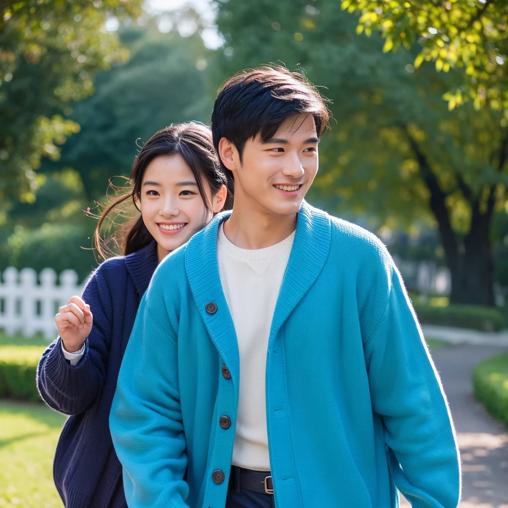 A caring and affectionate man, dressed in blue clothing, representing the ESFJ (Consul) MBTI personality type. He is depicted with a warm smile, holding his girlfriend's hand tenderly. They are in a cozy, romantic setting, perhaps a beautiful park or a serene home environment, to emphasize his deep commitment and one-track devotion to her. The colors should be vibrant, with a focus on the blue of his attire to highlight his personality type.