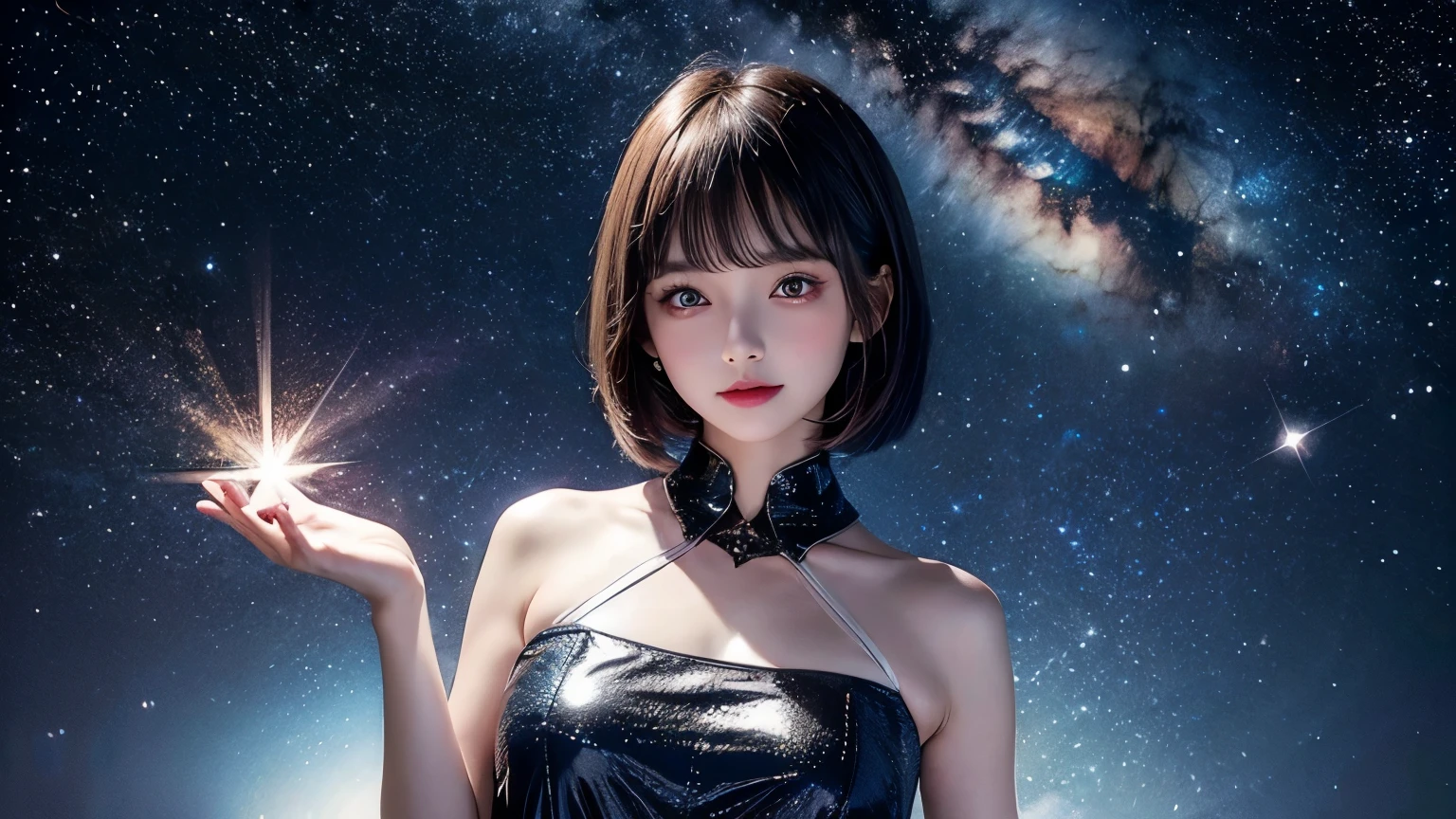 add_detail:1, starlight, stars, holding stars, glowing, space, 🌌, 1girl, young girl, curious expression, short hair, flowing hair, bangs, colorful detailed eyes, huge breasts, slim waist, upper body, from below