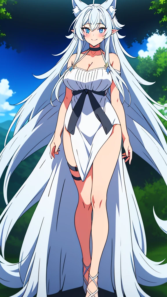 lvl2kara, Fenrys, Fenrisu, long hair, silver hair, light blush, smile, wolf girl, starrystarscloudcolorful, full body, adult, FenrysLv2, grey hair, very long hair, blue eyes, wolf ears, pointy ears, choker, white dress, bare shoulders, black ribbon, cleavage, strap slip