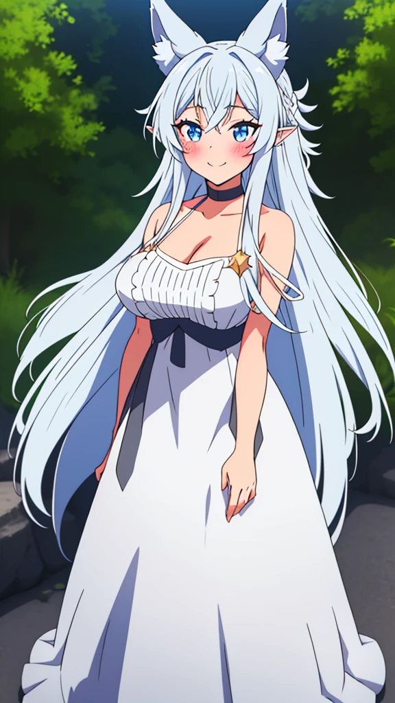 lvl2kara, Fenrys, Fenrisu, long hair, silver hair, light blush, smile, wolf girl, starrystarscloudcolorful, full body, adult, FenrysLv2, grey hair, very long hair, blue eyes, wolf ears, pointy ears, choker, white dress, bare shoulders, black ribbon, cleavage, strap slip