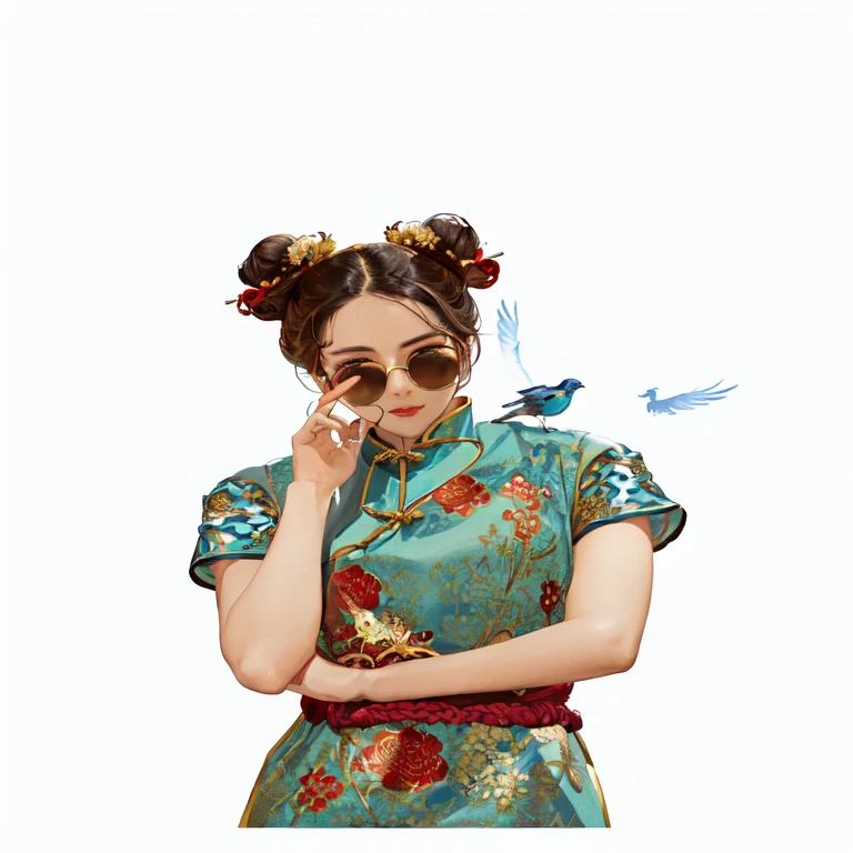 Wearing a blue dress、Arav woman with a bird on her head, Chinese, Inspired by Xie Huan, Brown hair,Two hair buns, cheongsam, Chinese Girl, Inspired by Mei Qing, Wearing Chinese clothing, Portraits, inspired by Pan Yuliang, Inspired by Lu Guang, Inspired by Pu Hua, Inspired by Gao Qipei,Hold sunglasses,Look ahead,Looks kind