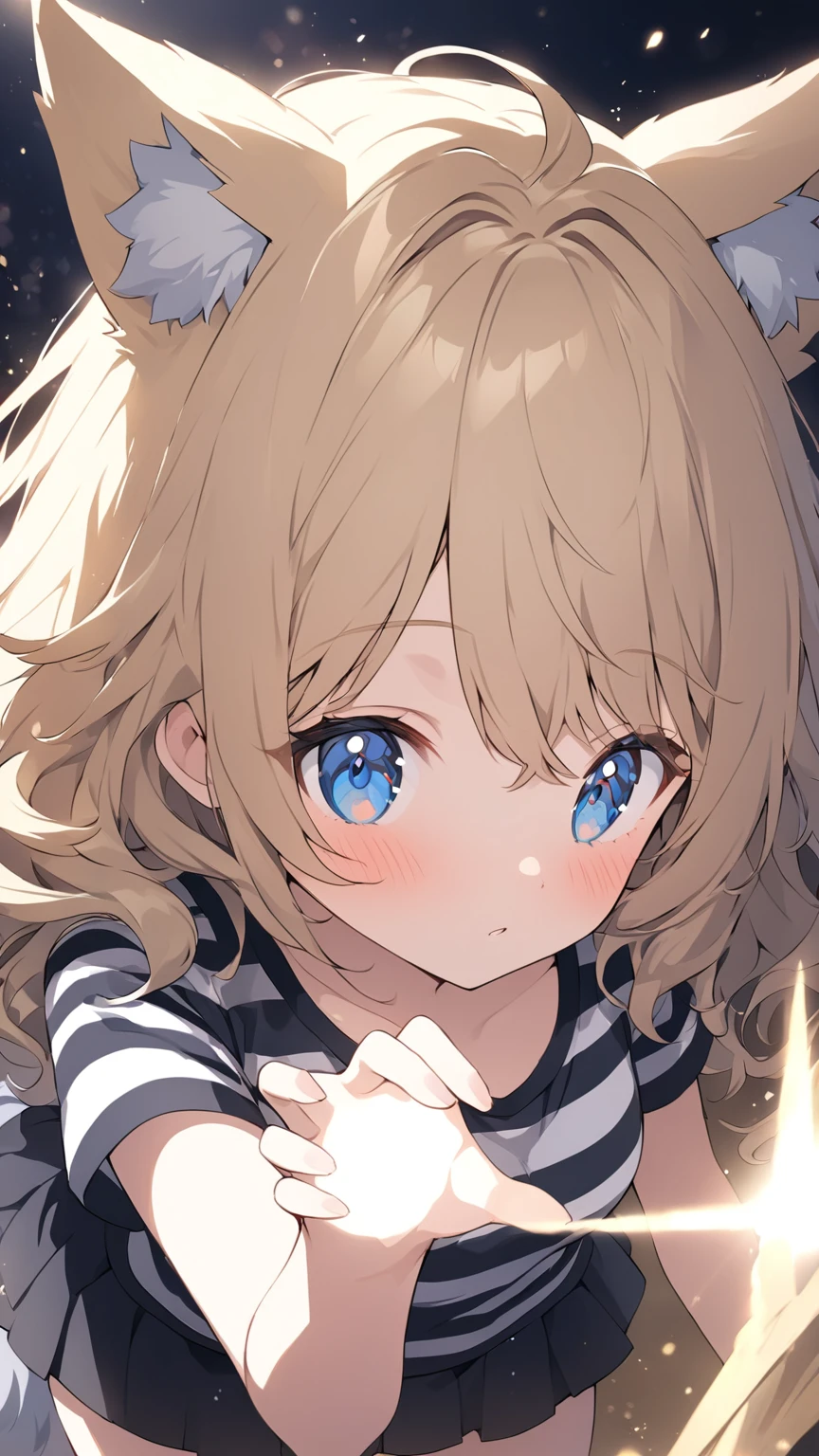 artwork, Better Quality, elegant, 1 girl, Wolf Ears, Wolf Tail, cute, Blushed, Watching the audience, From above, Wavy blonde hair, mini skirt, black and white striped t-shirt, blue eyes, Beautiful Eyes, Beautiful background, Particles of light, Light of the sun, Dramatic lighting, outside, bright, artwork, Better Quality, ultra-be familiar with, be familiar with, scenario, beautiful be familiar with eyes, be familiar with hair, whole body