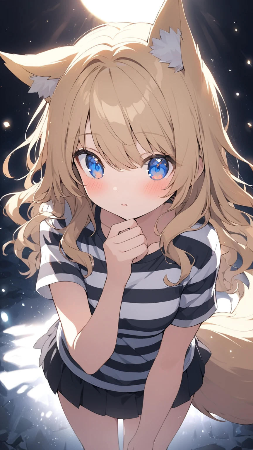 artwork, Better Quality, elegant, 1 girl, Wolf Ears, Wolf Tail, cute, Blushed, Watching the audience, From above, Wavy blonde hair, mini skirt, black and white striped t-shirt, blue eyes, Beautiful Eyes, Beautiful background, Particles of light, Light of the sun, Dramatic lighting, outside, bright, artwork, Better Quality, ultra-be familiar with, be familiar with, scenario, beautiful be familiar with eyes, be familiar with hair, whole body