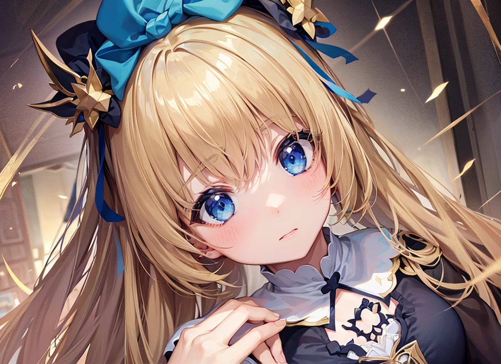 girl、Blonde、Straight face、Front facing、Blue Eyes、