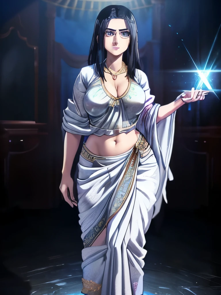 (8k, RAW photos, minino:1.1) ,female,(looki at viewer company),cowboy lens,Japanese,frieda reiss / (attack on titan\),(fullbody saree:1.1),La Brett Piercing,cleavage,((( saree))),seductive smile,Be red on the face, full body photo, standing, lean, muscular legs, muscular belly, blouse, long hair, black hair, blue eyes, medium breasts,Professional lighting、photon mapping、physics-based rendering、dark theme,wearing wifs, jewellery and necklace, alone, extreme high quality, legs covering saree