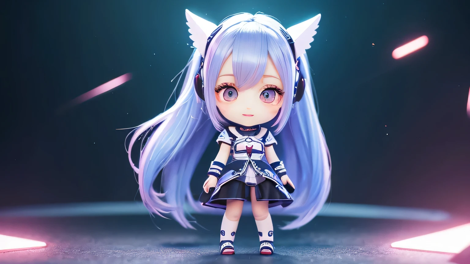 Highest quality, Ultra-high resolution, One girl, 2Head to Body, cute, Wide eyes, Looking here from the rear, Chibi character,highlight,cyber-, Photograph the whole body, An illustration