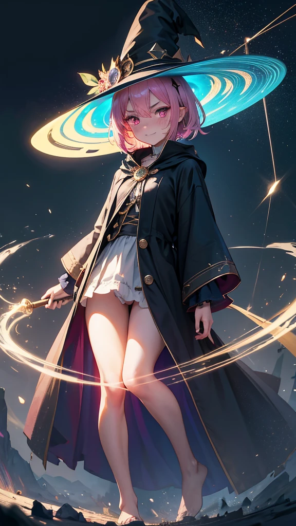 Best quality, Ultra detailed, best quality, insanely detailed, beautiful, masterpiece, 8k, 
break  
Lens Flare,night sky, Streaks of Light,refraction Glowing white lines ,Crossing Light,Shining Background, light particles
break 
Dark Forest,
break 
1lady, pink hair, short hair, witch hat, green hat, gold Crescent-shaped ornament, on hat, pink eyes, ultra detailed eyes, witch robe, dark blue robe, long robe, gold star-shaped ornament on the center of chest, torn clothes, sparkling wand, full body, portlait, evil smile, evil grin, (sharp eye:1.2),(scowl:1.1), (stare at viewer:1.5),  (embarrassed,blush:1.3),(ecstasy:1.3) ,(slut:1.2),(vulgarity:1.3),(fucked silly:1.1),(steam:1.1),(wet:0.8),(drooling:0.6),(sweat:0.8), 