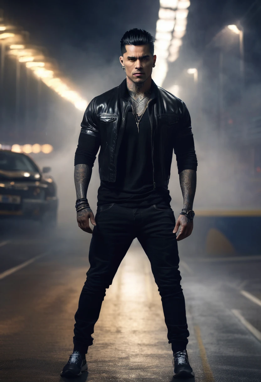 "Generate an image of a confident, muscular young man standing in a modern city street at dusk. He has short, tousled black hair with a slight undercut and piercing red eyes. He is wearing a form-fitting black t-shirt, spike punk collar, a black leather biker jacket, and tight black leather pants. The city backdrop includes tall buildings, streetlights, and traffic, with a moody, urban atmosphere. The man exudes a cool, edgy vibe."