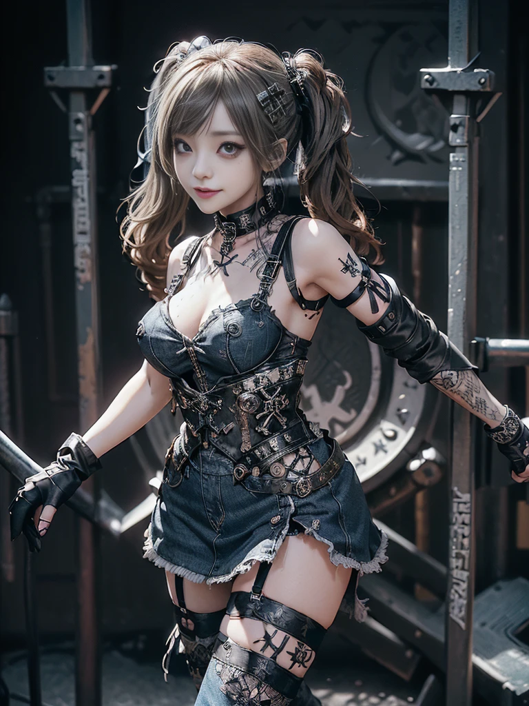 (Smiling with teeth showing:1.3),(Shibuya Gal:1.5)、(Prostitute:1.3)、(Gothic ta style fashion:1.5)、(Punk RockVisual Kei:1.4)、(Denim and black and white medieval noble mini skirt dress:1.5)、(Denim with black and white medieval gloves and bustier:1.5)、(Denim high heels:1.3)、(Wearing silver accessories:1.5)、(Denim collar:1.4)、(Black Leather Garter Belt:1.4)、(Brown Skin Belt:1.3)、(Black lace underwear:1.5)、20-year-old、NSFW、((Highest quality、In 8K、masterpiece:1.3))、Sharp focus:1.2、(Layered Cut、Huge boobs:1.1),Beautiful woman with perfect figure:1.4、(Dancing vigorously:1.3)、Slender Abs:1.2、Highly detailed face and skin texture、Detailed eyes、double eyelid,(Twin tails:1.3)、(Brown-golden hair:1.3)、Gravure idol、(The background is the Takarazuka Revue stage.:1.3)、(Slim body:1.2),(Make your legs thinner:1.4),(clavicle:1.1)