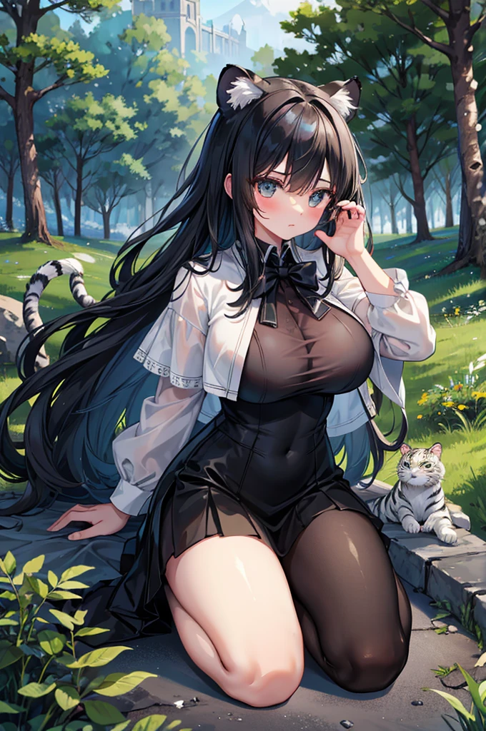 Royal sister,Big breasts,Black long,Black Hair,hunter,Bow and Arrow,beautiful girl,forest,Dark,White Tiger Mount,