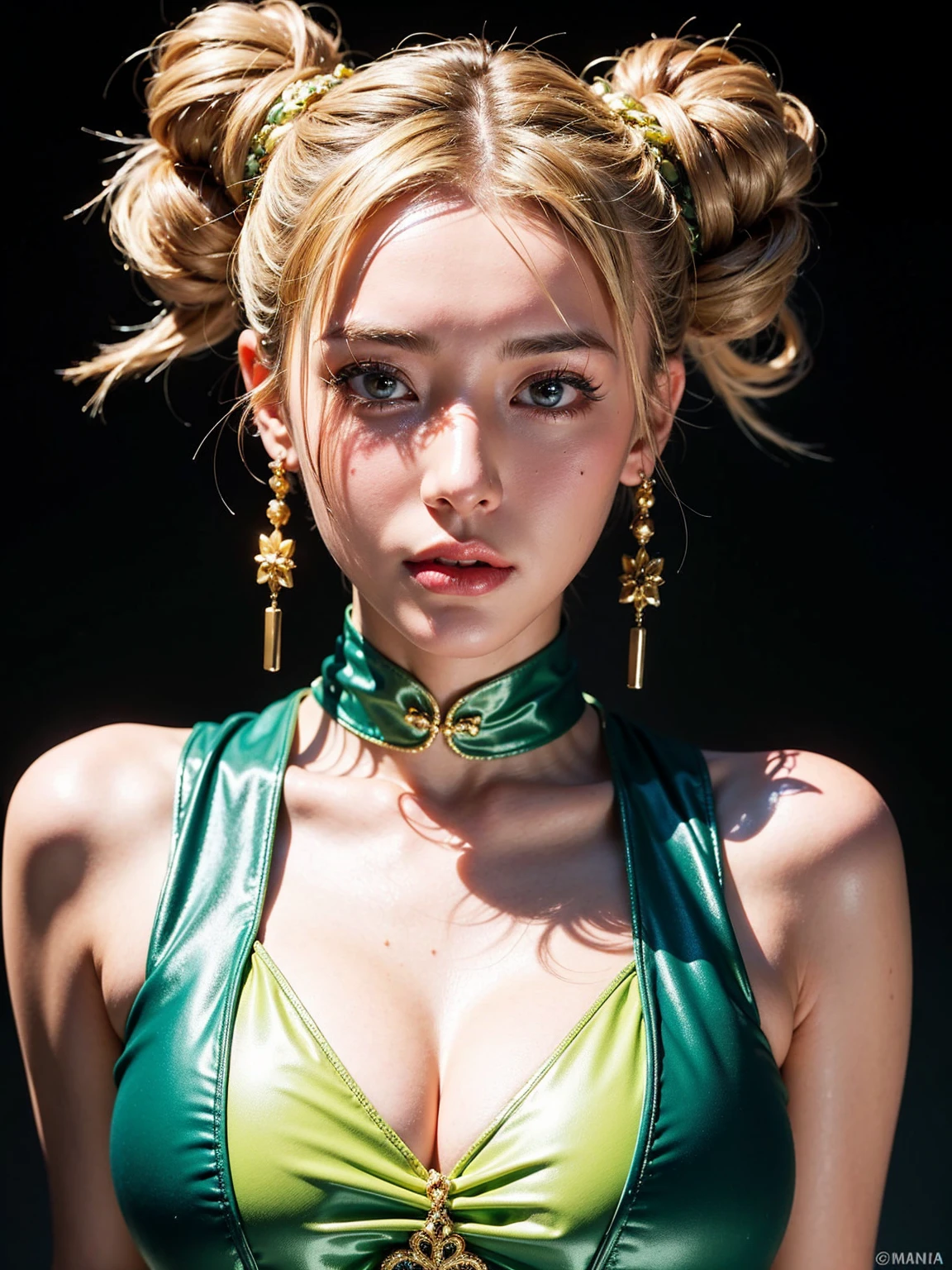 Here's the photorealistic masterpiece you requested:
A close-up portrait of an extremely sexy Italian woman, dressed in a stunning lime green latex cheongsam and hyper-puffy yellow chain swimwear, with twintails blonde hair tied up in an intricate updo hairstyle. Her huge breasts are showcased perfectly as she gazes directly at the viewer with her piercing blue eyes, complete with eyeliner and painted lips. She's adorned with gold jewelry and has a fresh, very clean appearance. The lighting is cinematic, with dynamic shadows and a deep sense of intimacy. The background is blurred out to focus solely on the model's upper body, showcasing every detail in high-resolution 32k clarity.