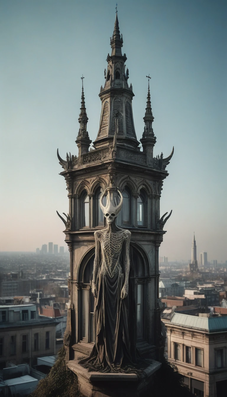 A stylish, eerie dead creature stands atop a fantastical city, designed by Peter Mohrbacher, captured in a photojournalism style on Kodak Ektar 100 film. The creature's decayed yet elegant form is clad in intricate, tattered clothing, exuding a macabre sophistication. Its hollow, haunting eyes gaze over the sprawling cityscape of towering spires and ethereal architecture, with hexagonal windows and iridescent details. The medium shot, taken with a Sony A7R IV using an anamorphic lens, reveals the creature's commanding presence against the backdrop of the fantasy city, bathed in natural light. The scene, styled after Helmut Newton's nostalgic and evocative photography, blends the eerie and the beautiful, capturing a moment of haunting elegance in an otherworldly setting.