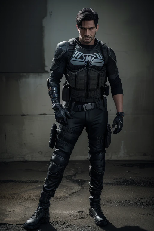 Castle Frank, (( The Punisher )), (( marvel comics )), (( with black ballistic operational military tactical modular vest, skull printed on chest )), (( black ACU MILITARY UNIFORM WITH KNEE PADS )), (( black gloves paintball military tactics black microfiber half finger )), ((dog tag)), ((Red Dragon Motocross Knee Pad)), ((Military Boots in Leather and Canvas Cordura Extra Light Tactical Military Bmbrasil Black)), ((Holster waist Hammer PRO Belica ) ), bold, black hair, short hair, (( on a black Kawasaki ninja bike )), cinematic lighting, hyperrealism, multiview, Nikon, multiview, art, textured skin, high resolution, 8K