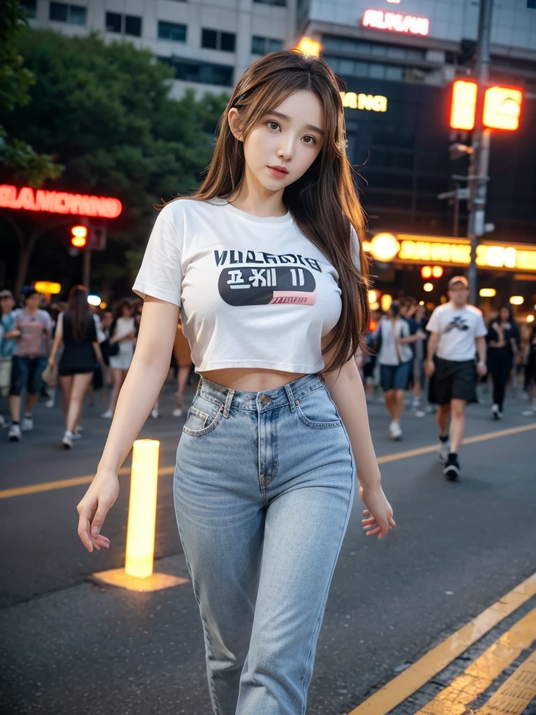 best quality,8k, Detailed facial depictions, Detailed eye description, Brown hair(long wavyhair),beautiful korean girl, 40 years old, slim body, huge breast , tshirt and short jean , walking around in the middle of the city with lots of people in Itaewon, Korea , long exposure