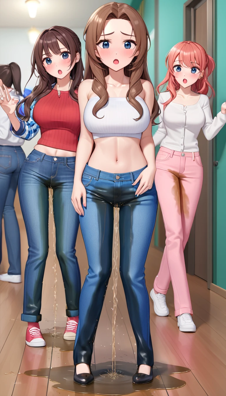 ((best quality, masterpiece:1.3, 8K)), (detailed), highly detailed face and skin texture, detailed eyes, full body, (slender body:1.1), (a group of girls:1.5), 25 years old, white skin, bright lips, worried, embarrassed, panicking, long hair, (forehead:1.0), large breast, (jeans pants:1.2, flares jeans:1.2, blue jeans:1.2), (wetting themself:2.0),