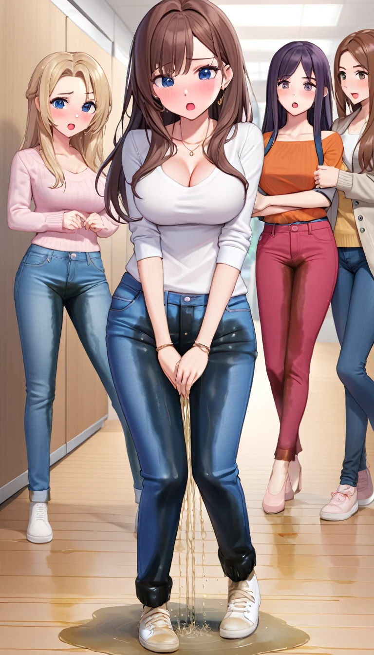 ((best quality, masterpiece:1.3, 8K)), (detailed), highly detailed face and skin texture, detailed eyes, full body, (slender body:1.1), (a group of girls:1.5), 25 years old, white skin, bright lips, worried, embarrassed, panicking, long hair, (forehead:1.0), large breast, (jeans pants:1.2, skinny jeans:1.2, blue jeans:1.2), (wetting themself:2.0),