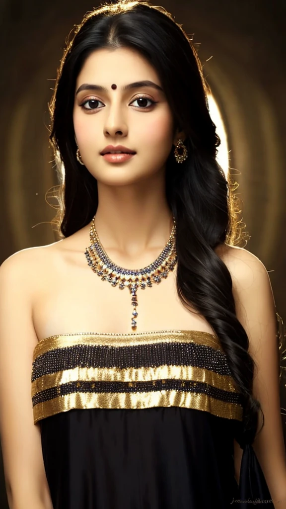 1girl in, age19, Solo, Long hair, Colossal , Looking at Viewer, black hair, Bare shoulders, Brown eyes, jewely, Full body, a necklace, off shoulders, salwar and dupatta, Realistic, A sexy