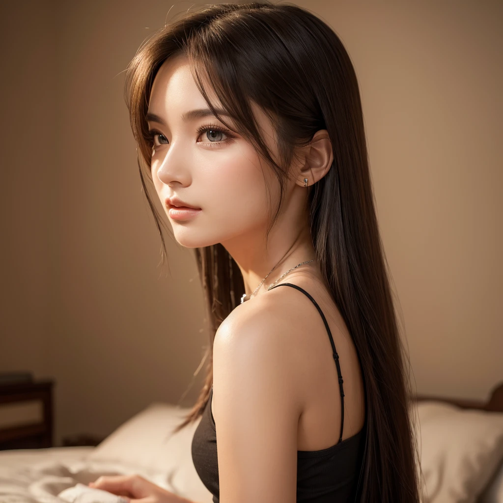 a beautiful girl with long flowing hair, holding her hair at the back, biting the hair tie, wearing a black tank top, jeans, silver necklace, warm soft bedroom colors, (best quality,4k,8k,highres,masterpiece:1.2),ultra-detailed,(realistic,photorealistic,photo-realistic:1.37),detailed eyes,detailed lips,extremely detailed face,longeyelashes,intricate hairstyle,expressive pose,soft lighting,warm color palette,bedroom interior,(1 girl)