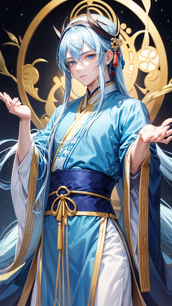 A young man, without a beard, long blue hair, Blue eyes, White skin, china, Hanfu, blue clothes
