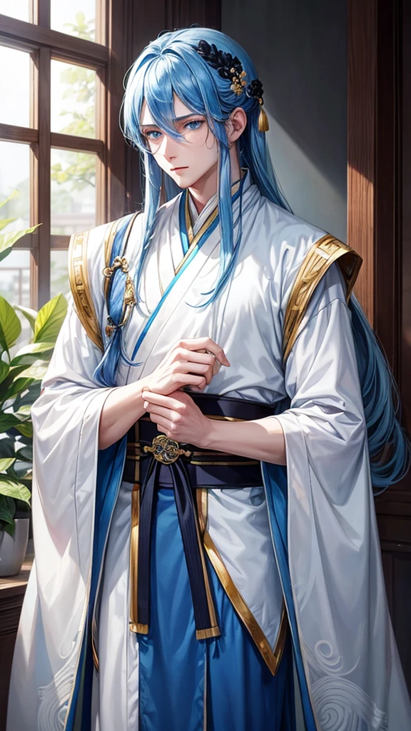 A young man, without a beard, long blue hair, Blue eyes, White skin, china, Hanfu, blue clothes