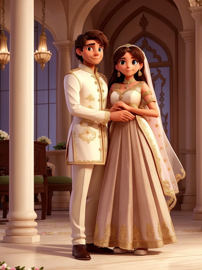 make the man and woman look at each other romantically and remove the pillar. the woman's dress should be peach and sparkle 