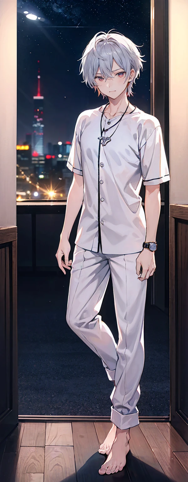 High resolution, High resolution,2D Anime Style,,Cool guy,Mature,,20th generation,short hair,Silver Hair,Red eyes,Beautiful Watches,Beautiful earrings,Beautiful Necklace,pajamas,He is laughing a little,night,Standing with your legs apart,nightの寝室